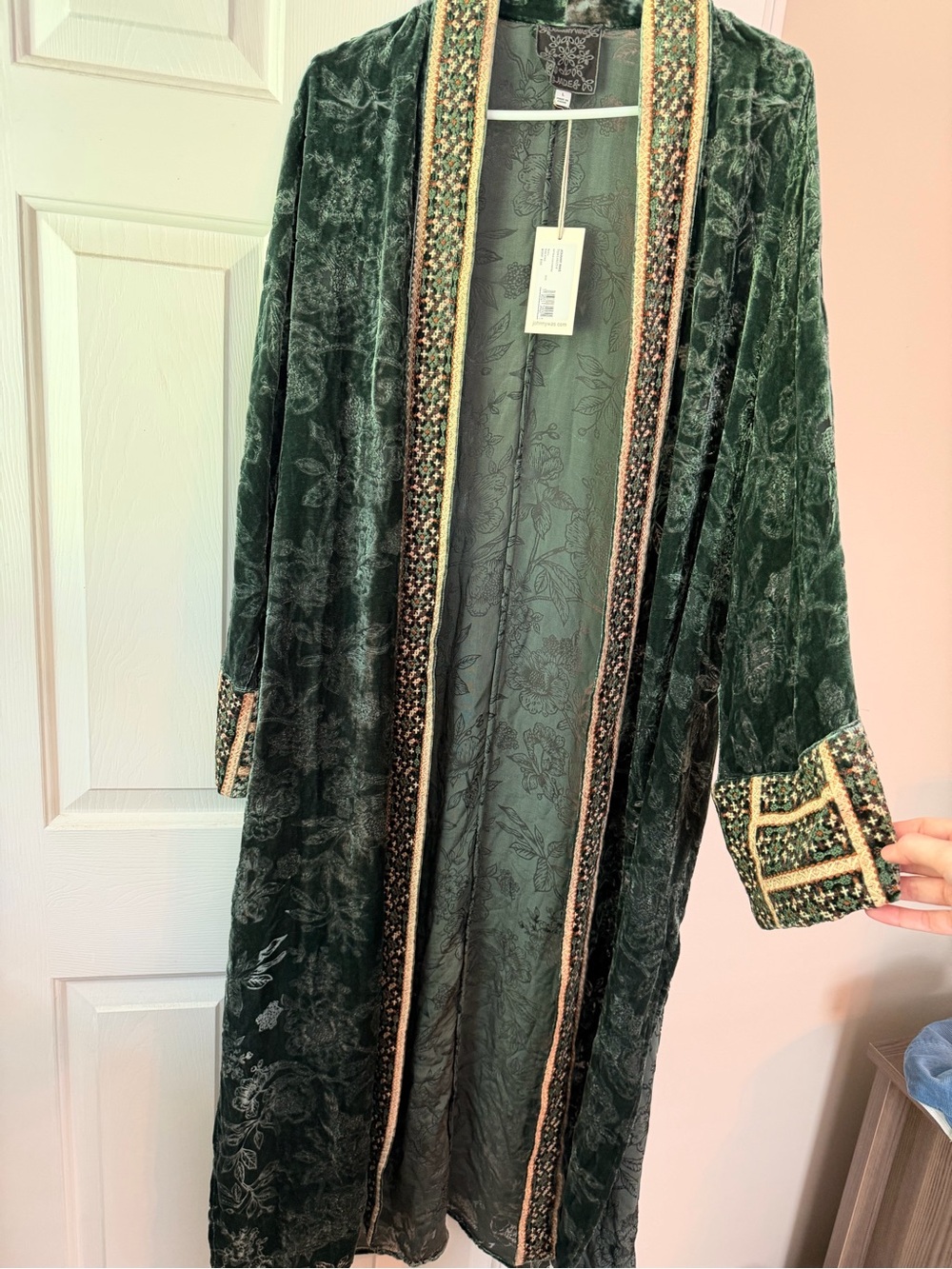 Velvet Embroidered Trim Kimono Robe - Dark Green